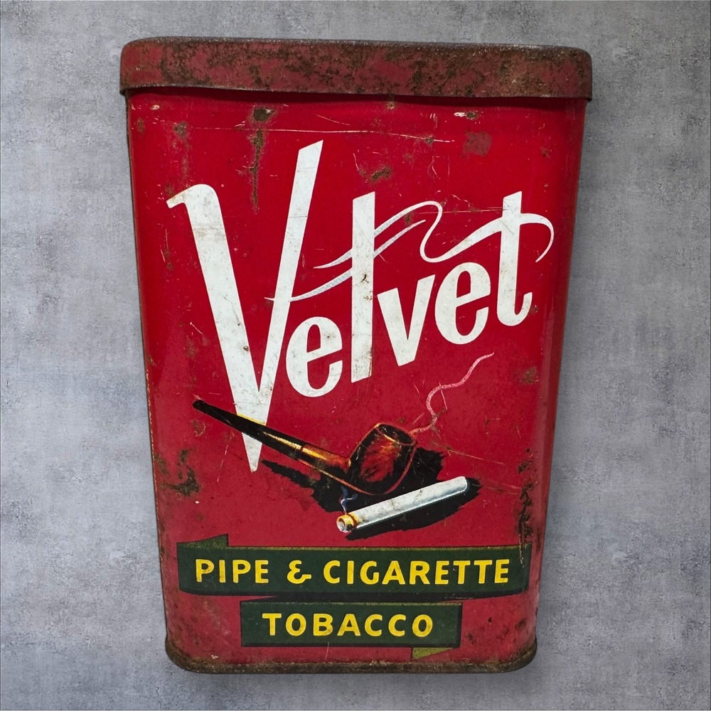 Velvet Tobacco Tin Vintage Red Metal Pocket Size‎ Fair Condition Lithograph